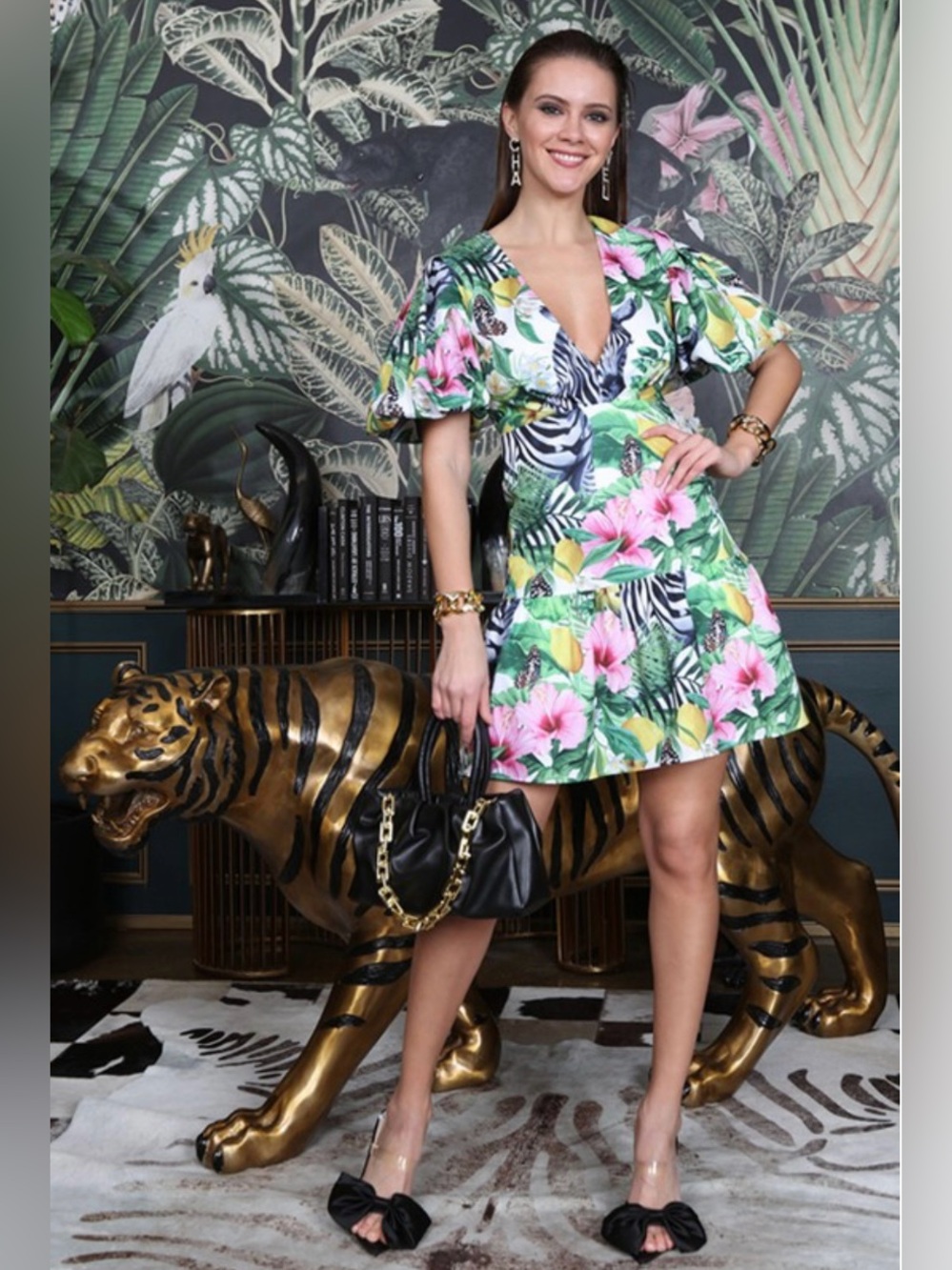 Tropical Print Mini Dress with Puff Sleeves - White, Green & Pink